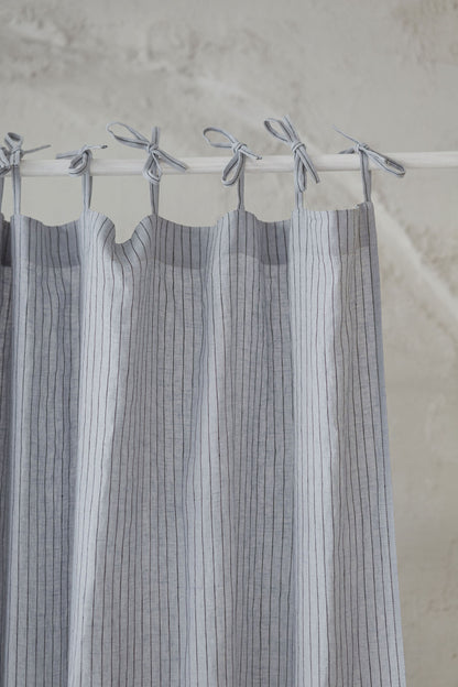 Tie top grey linen curtain with black stripes