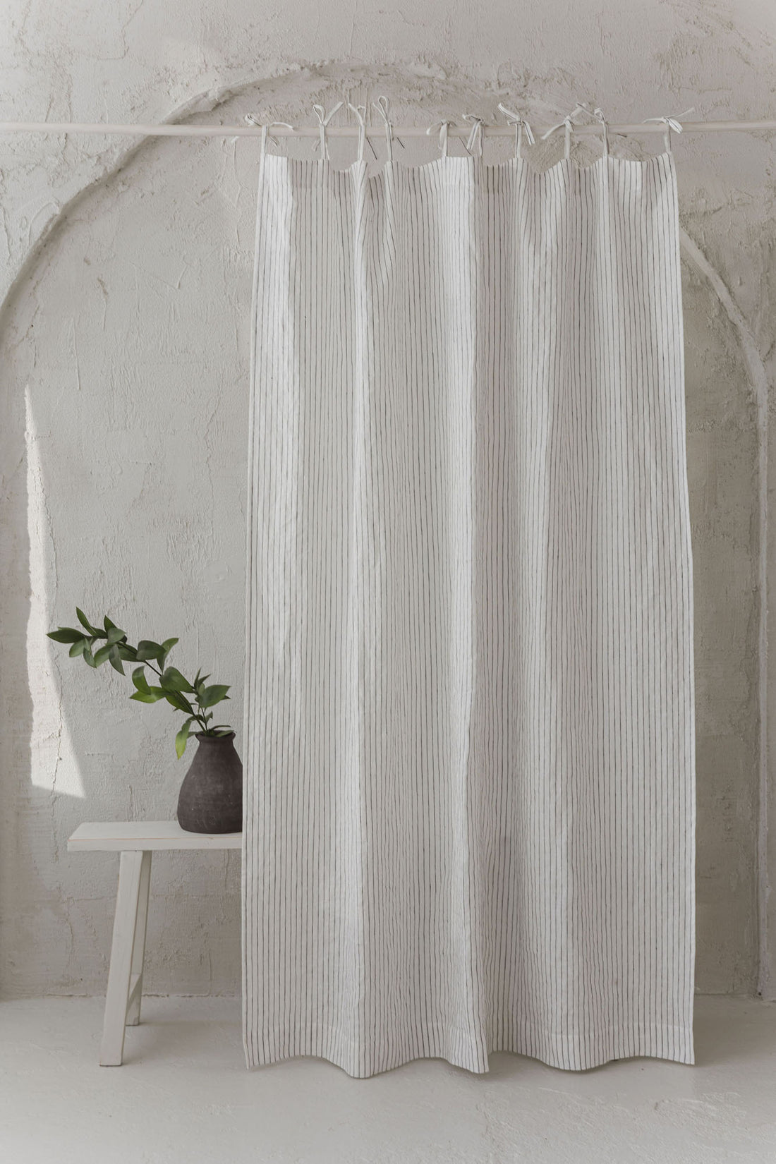 Tie top white linen curtain with black stripes