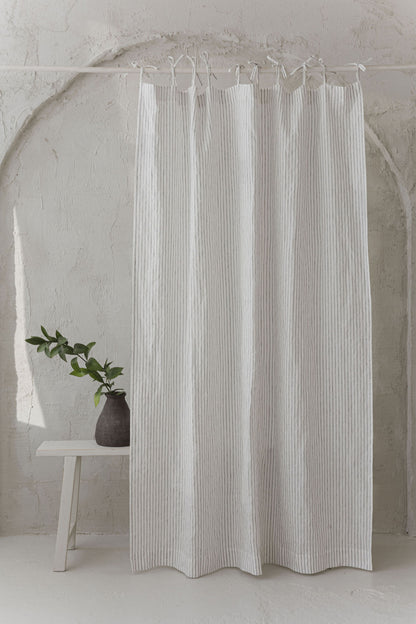 Tie top white linen curtain with black stripes
