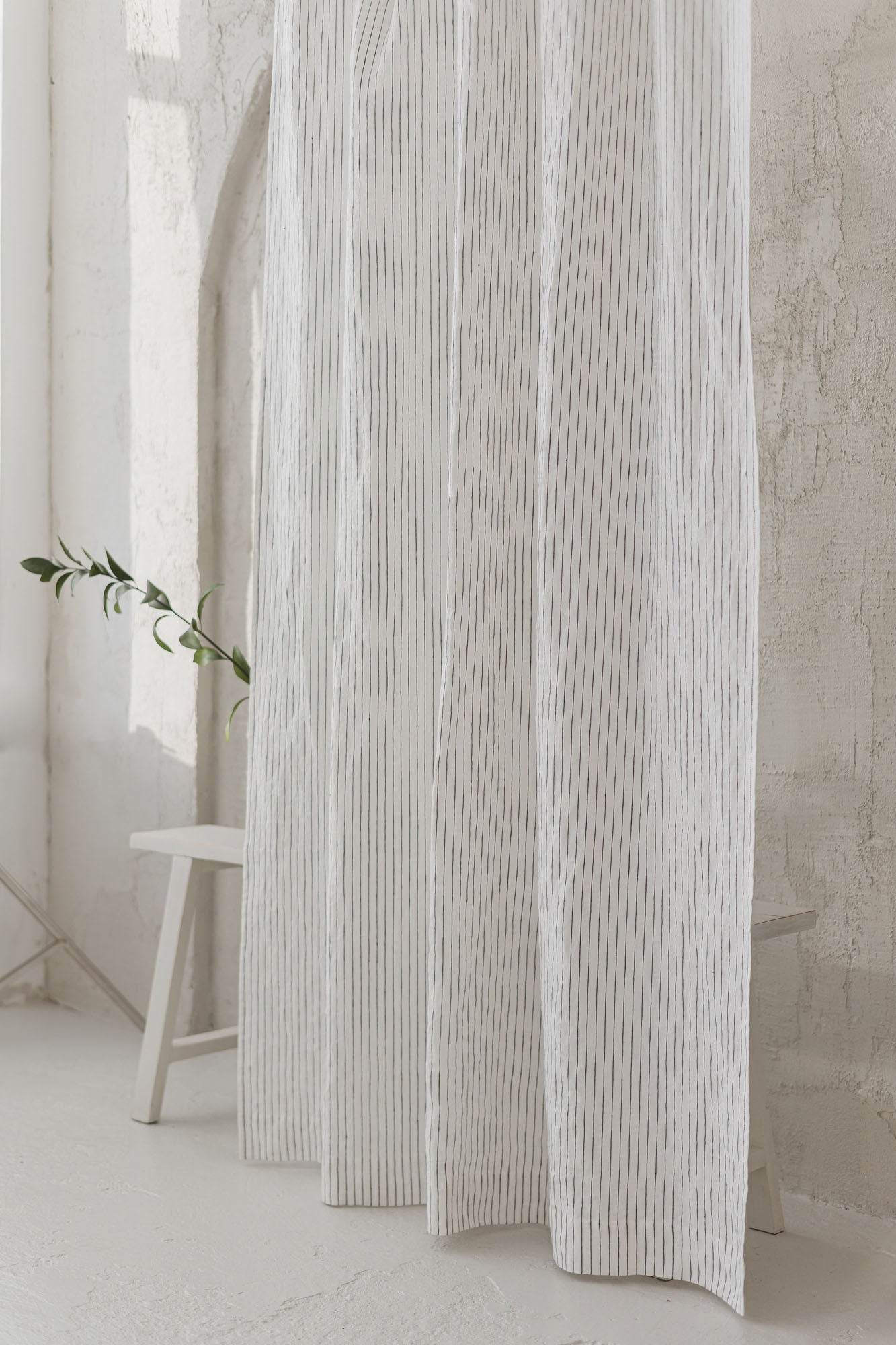 Tie top white linen curtain with black stripes