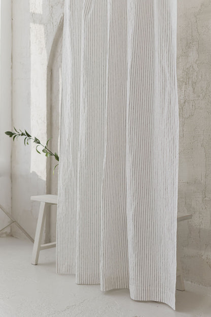 Tie top white linen curtain with black stripes