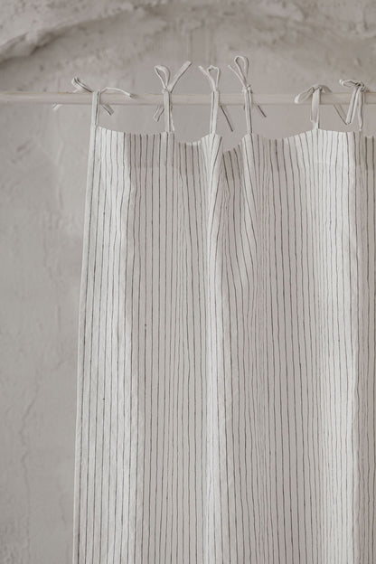 Tie top white linen curtain with black stripes