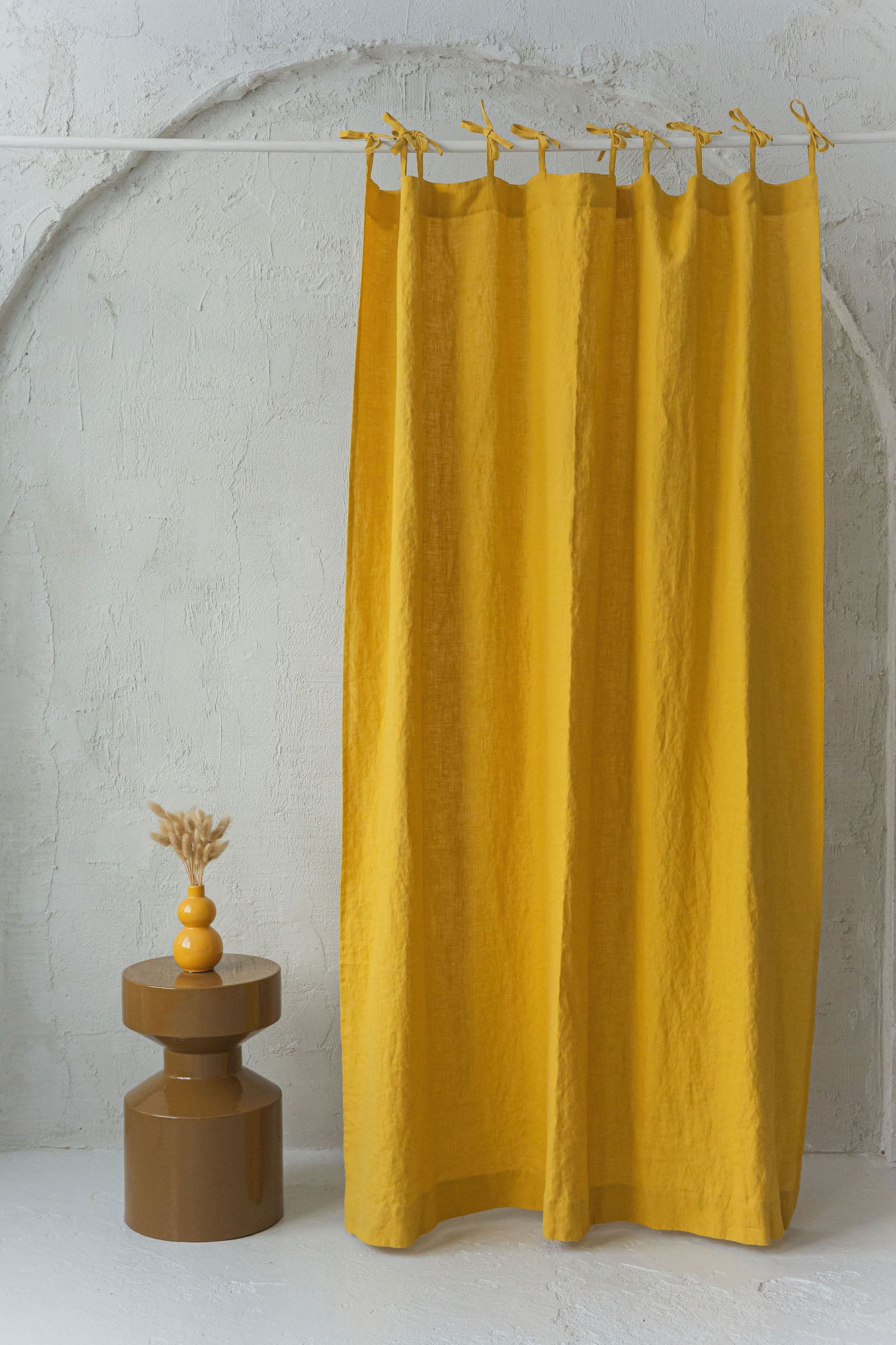 Tie top mimosa yellow linen curtain