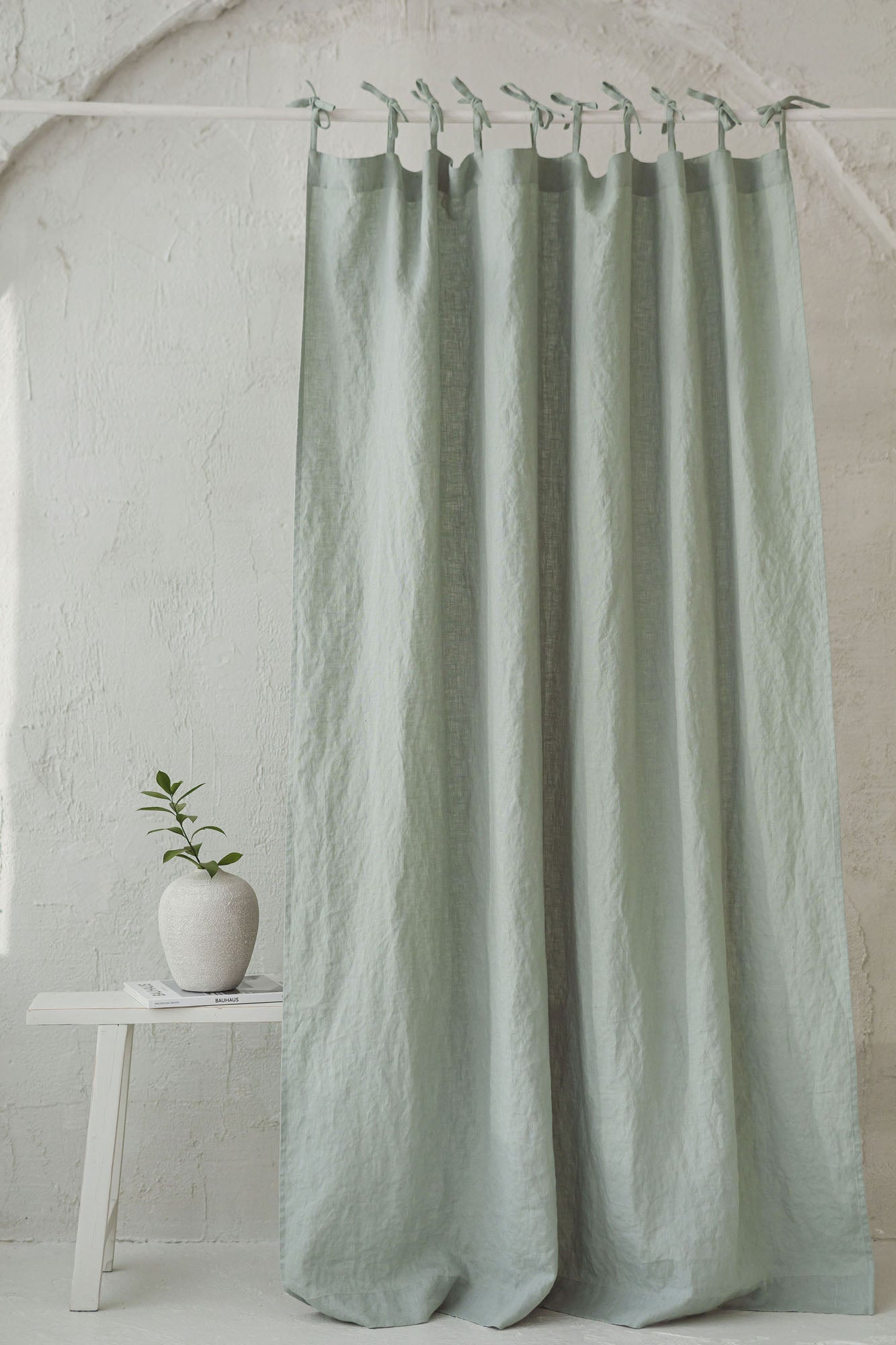 Tie top frosty green linen curtain