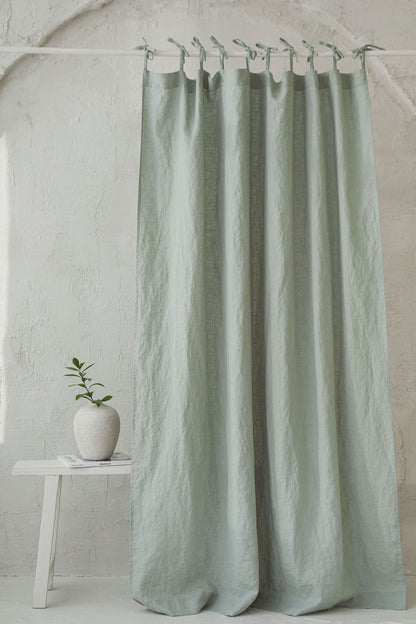 Tie top frosty green linen curtain
