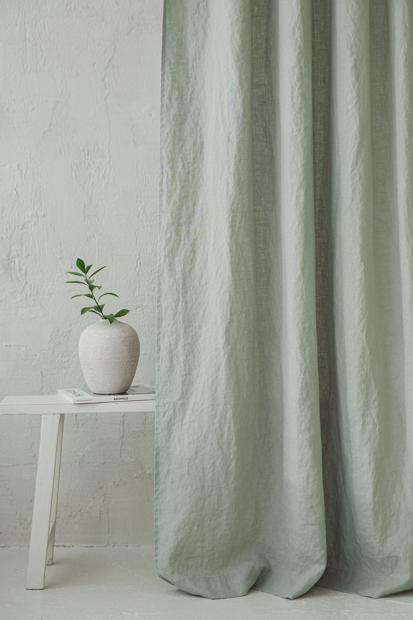 Tie top frosty green linen curtain