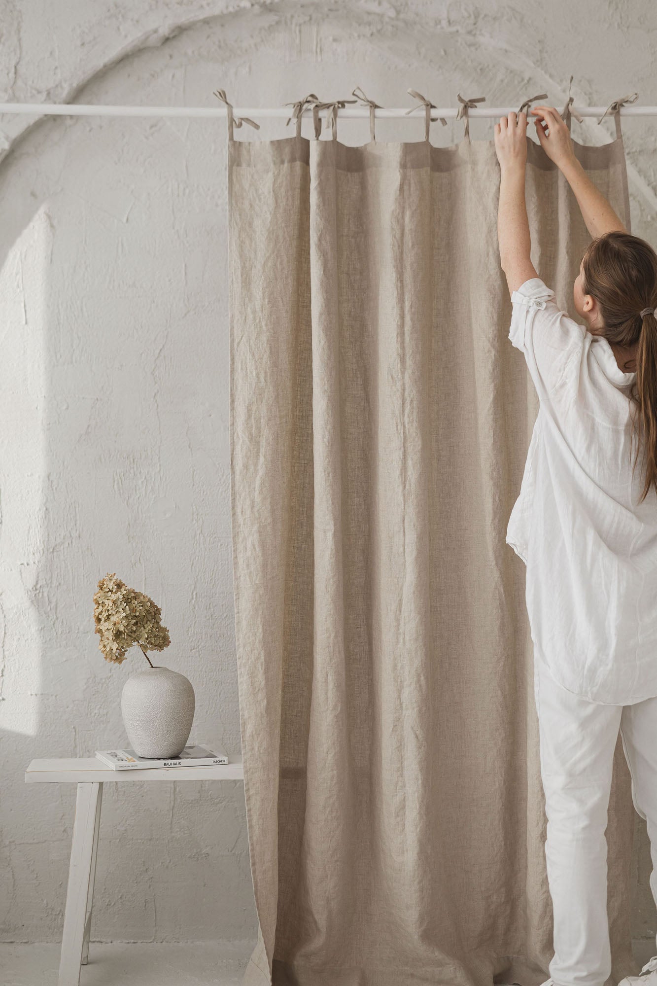 Tie top natural linen curtain