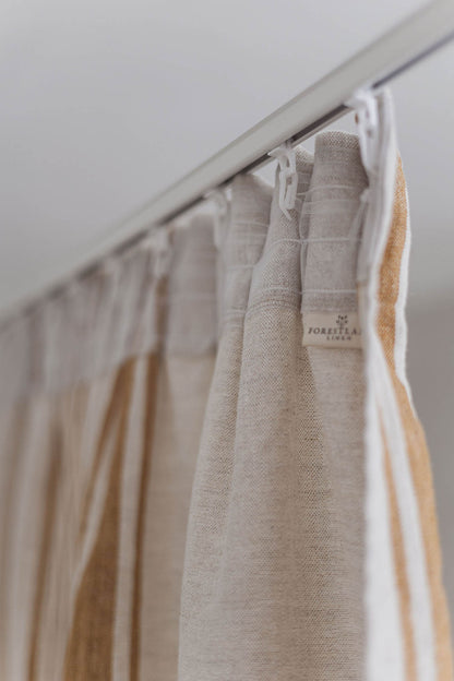 Pencil pleat linen curtain – French style with golden stripes