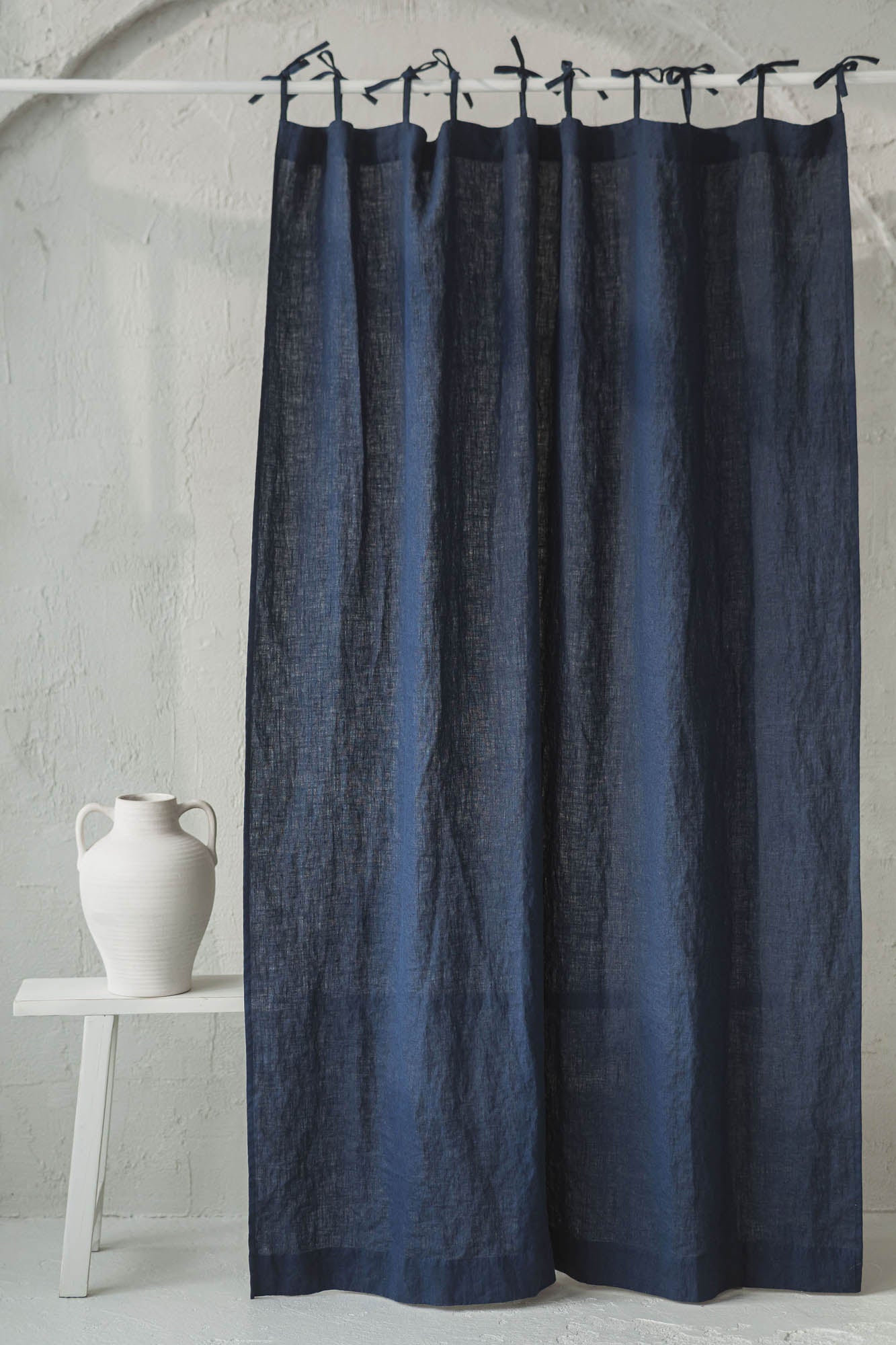Tie top midnight blue linen curtain