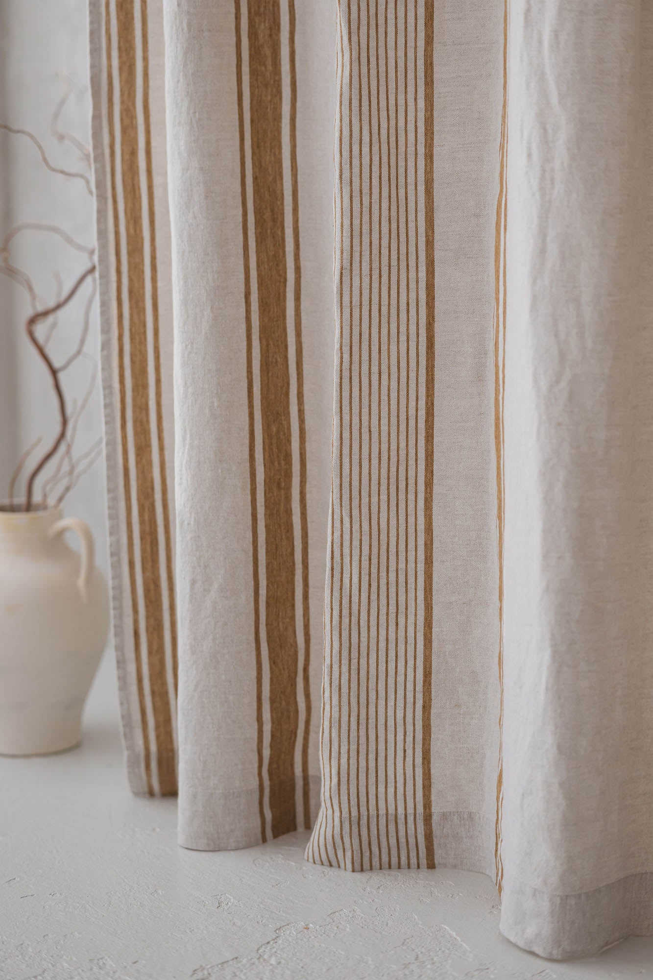French style linen curtain with golden stripes and simple hem, for clips