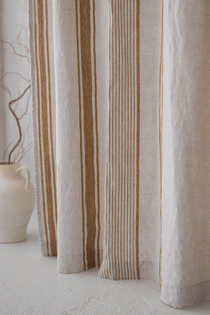 French style linen curtain with golden stripes and multifunctional heading tape