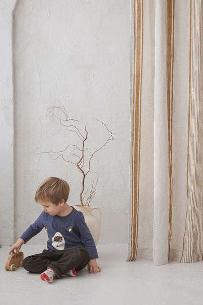 French style linen curtain with golden stripes and simple hem, for clips