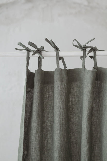 Tie top gray green linen curtain