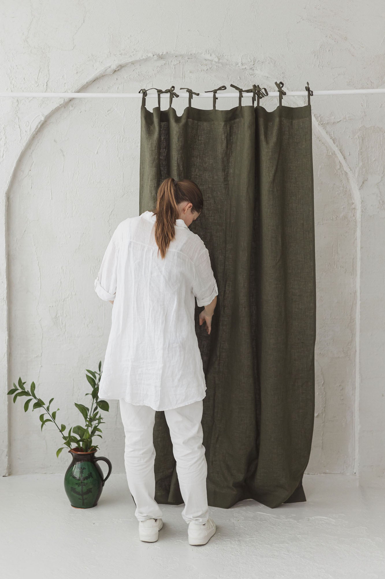 Tie top forest green linen curtain