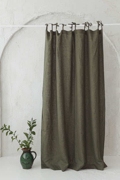 Tie top forest green linen curtain