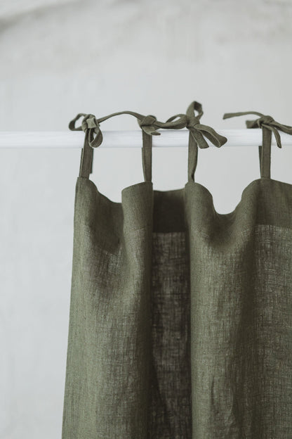 Tie top forest green linen curtain