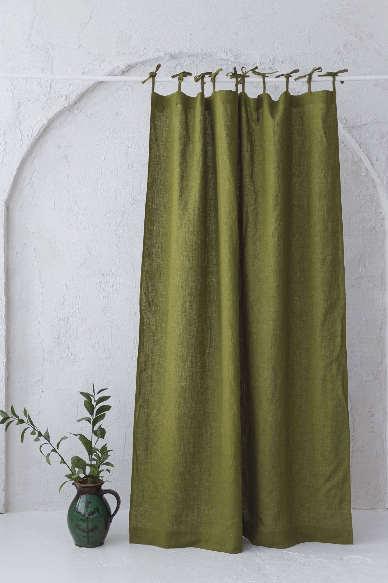 Tie top moss green linen curtain