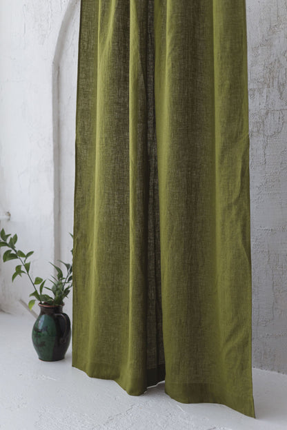 Tie top moss green linen curtain