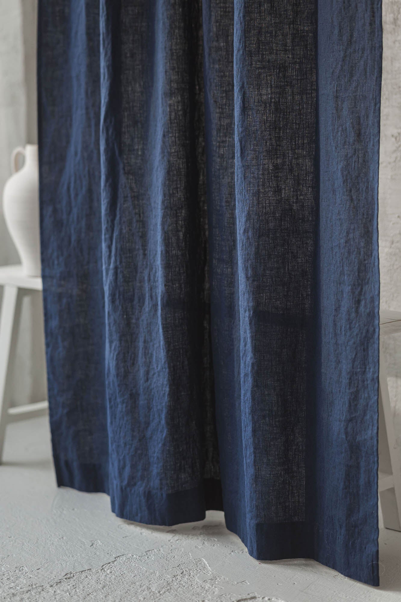 Tie top midnight blue linen curtain