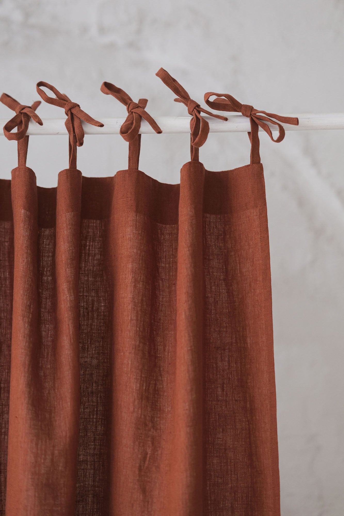 Tie top burnt orange linen curtain