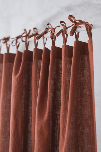 Tie top burnt orange linen curtain