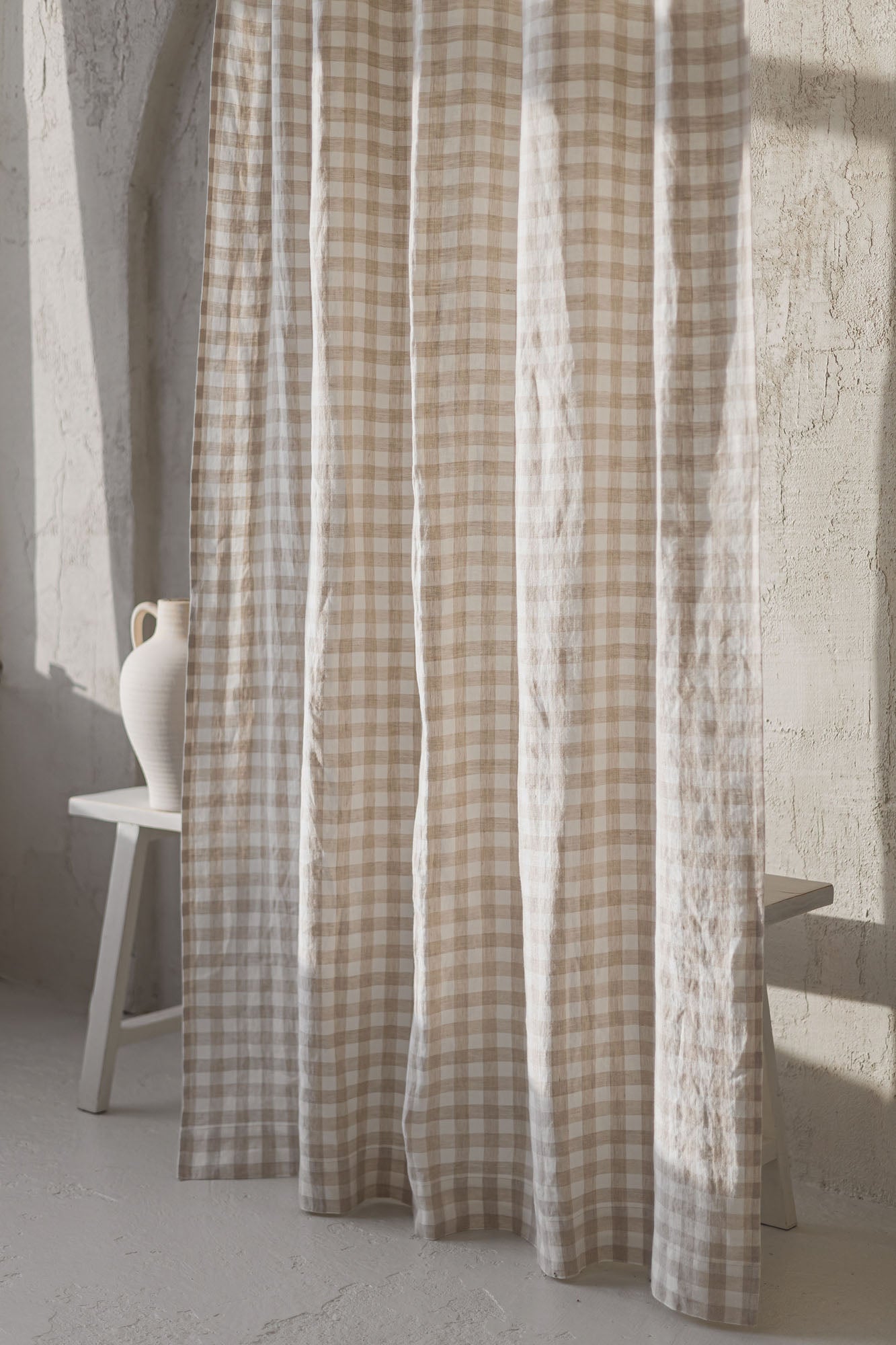 Tie top checkered linen curtain