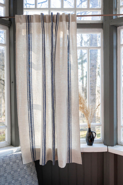 Linen curtain with blue stripes and multifunctional heading tape
