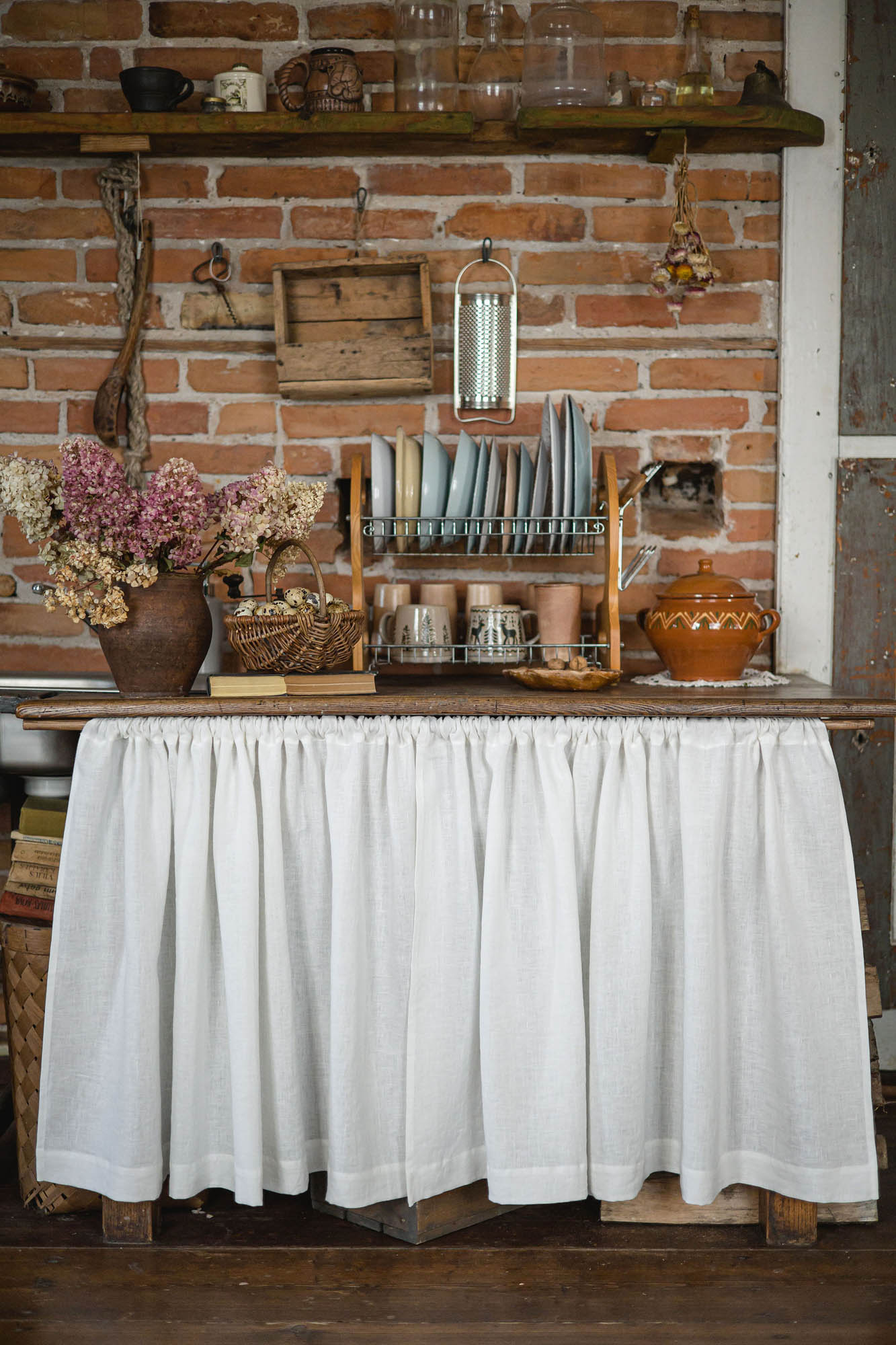 Off white linen cabinet curtain