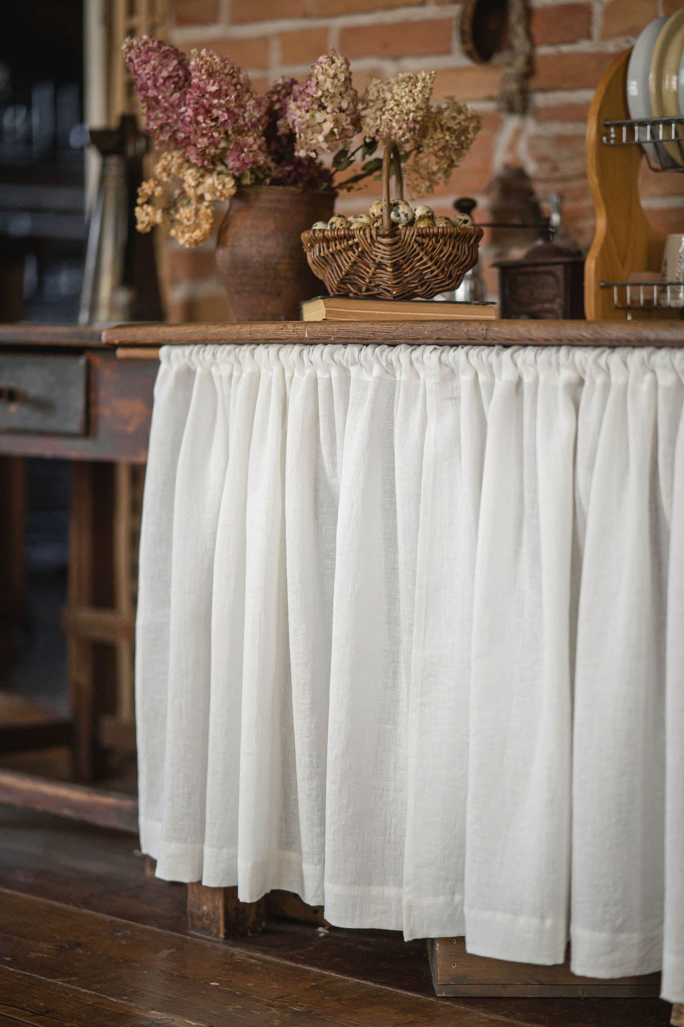 Off white linen cabinet curtain
