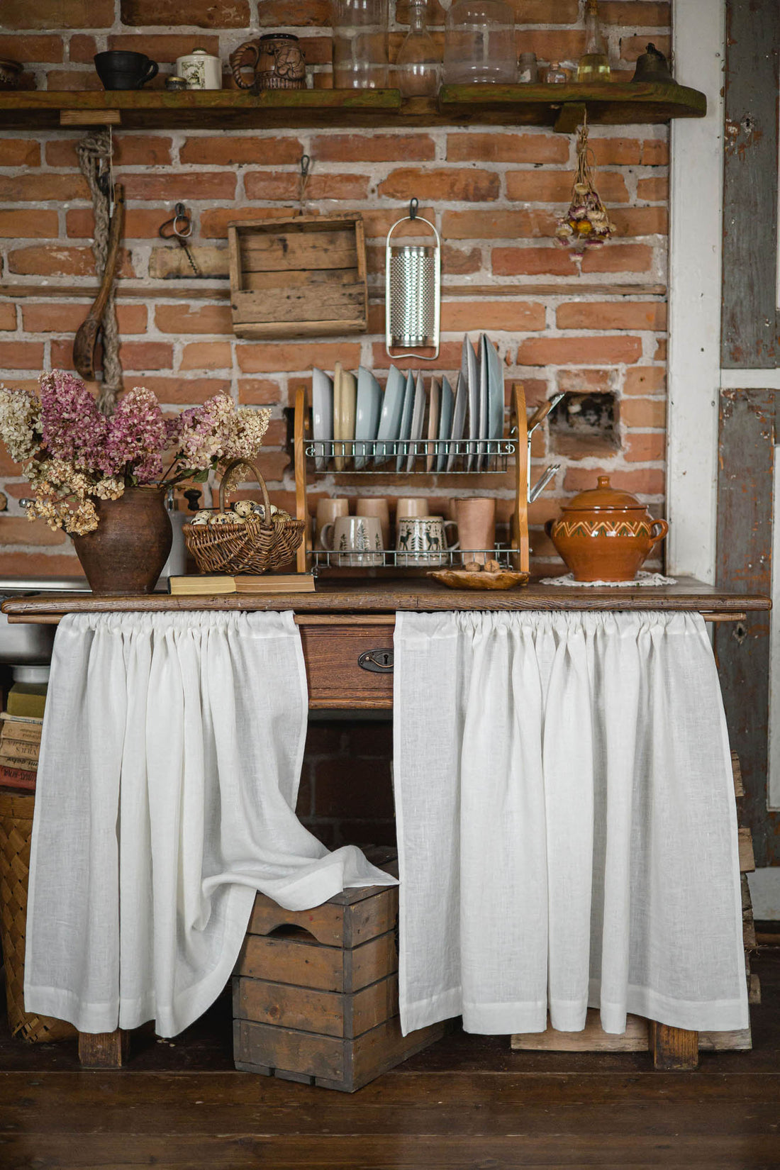 Off white linen cabinet curtain