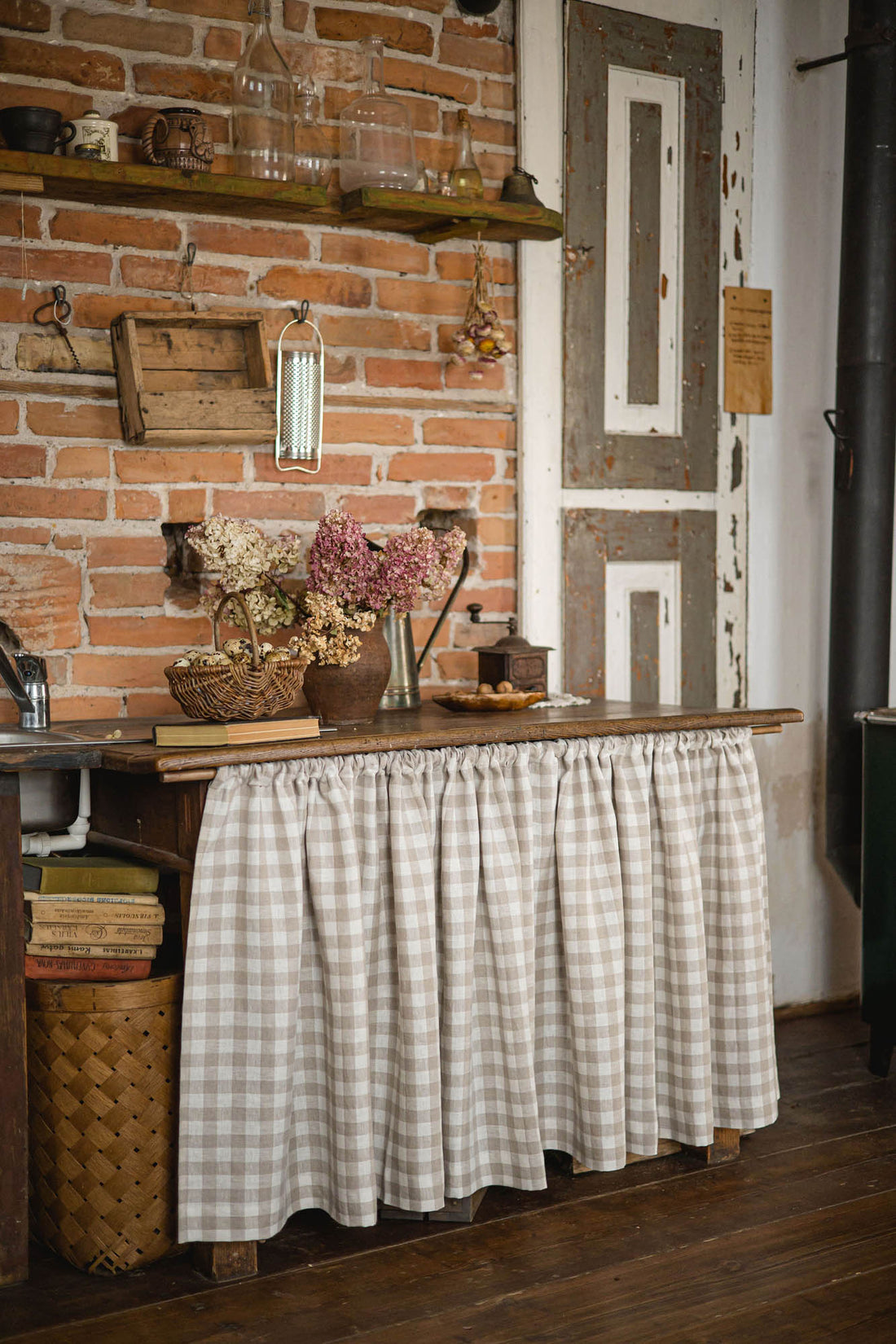Checkered linen cabinet curtain