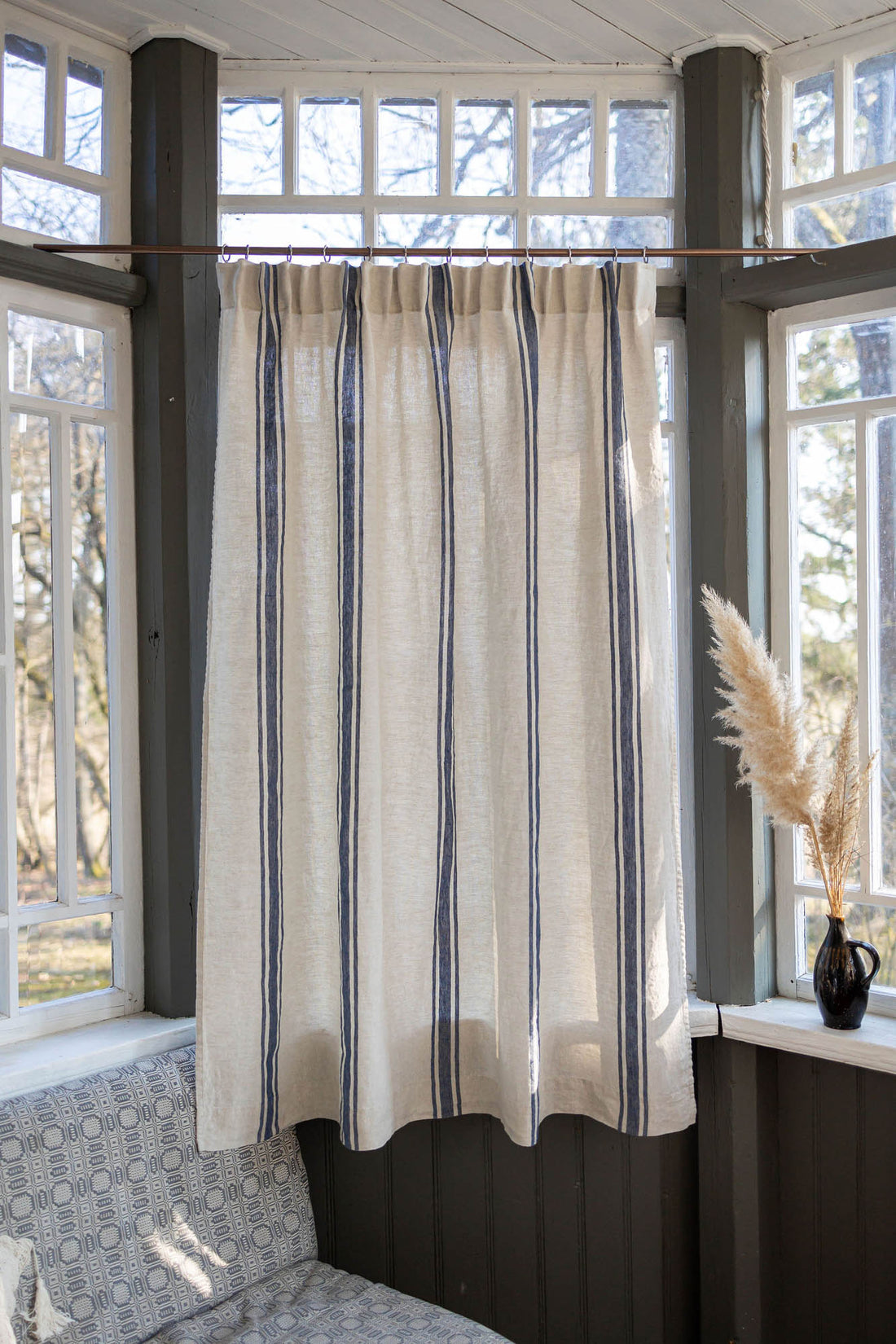 Pencil pleat linen curtain with blue stripes