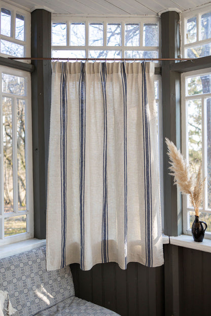 Pencil pleat linen curtain with blue stripes