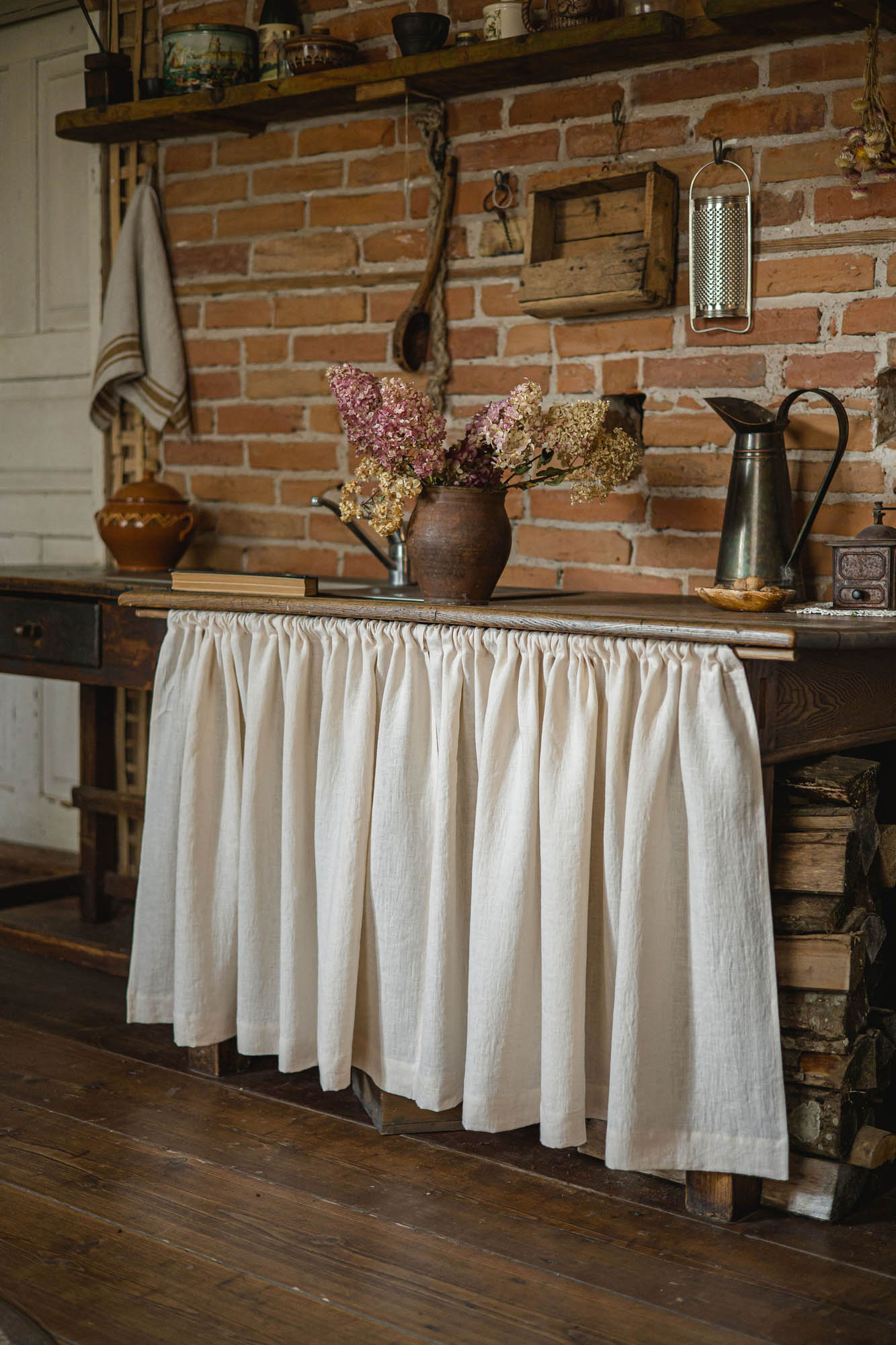 Light cream linen cabinet curtain