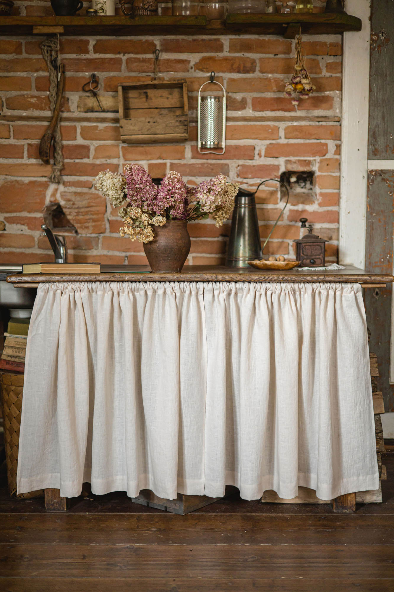 Light cream linen cabinet curtain