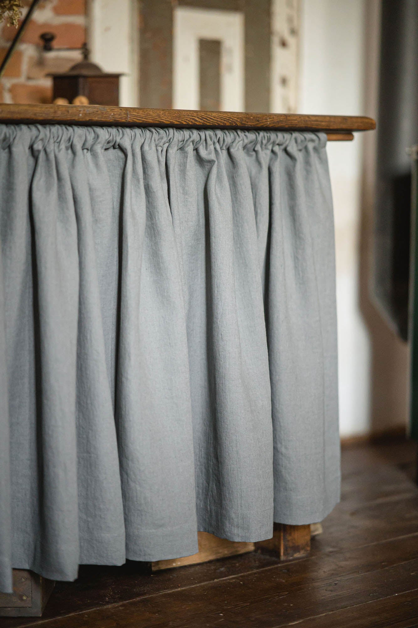 Grey linen cabinet curtain