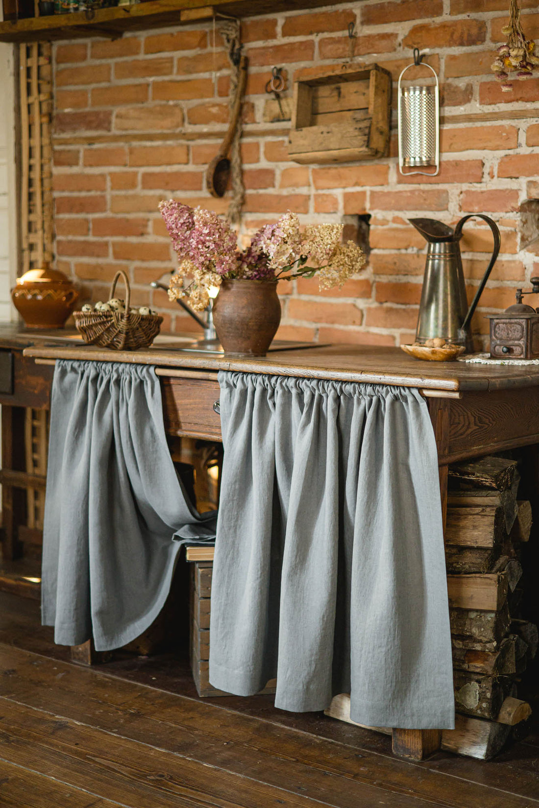 Grey linen cabinet curtain