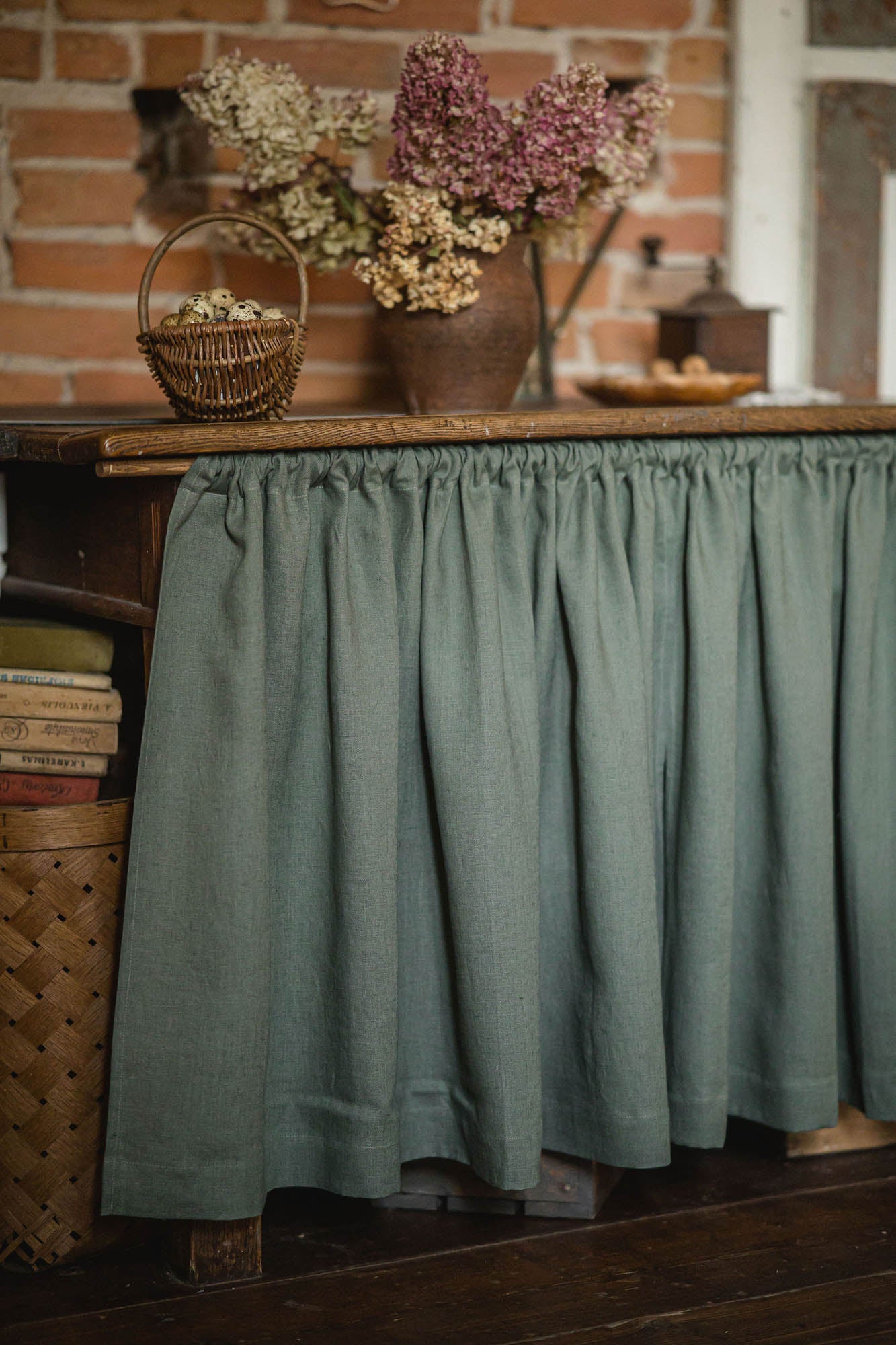 Gray green linen cabinet curtain