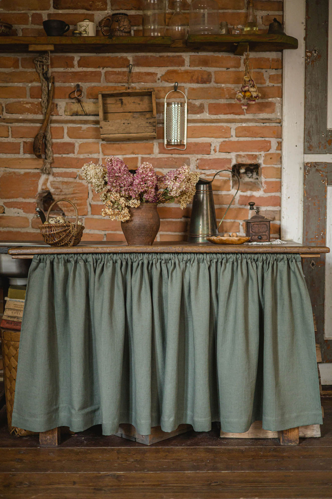 Gray green linen cabinet curtain