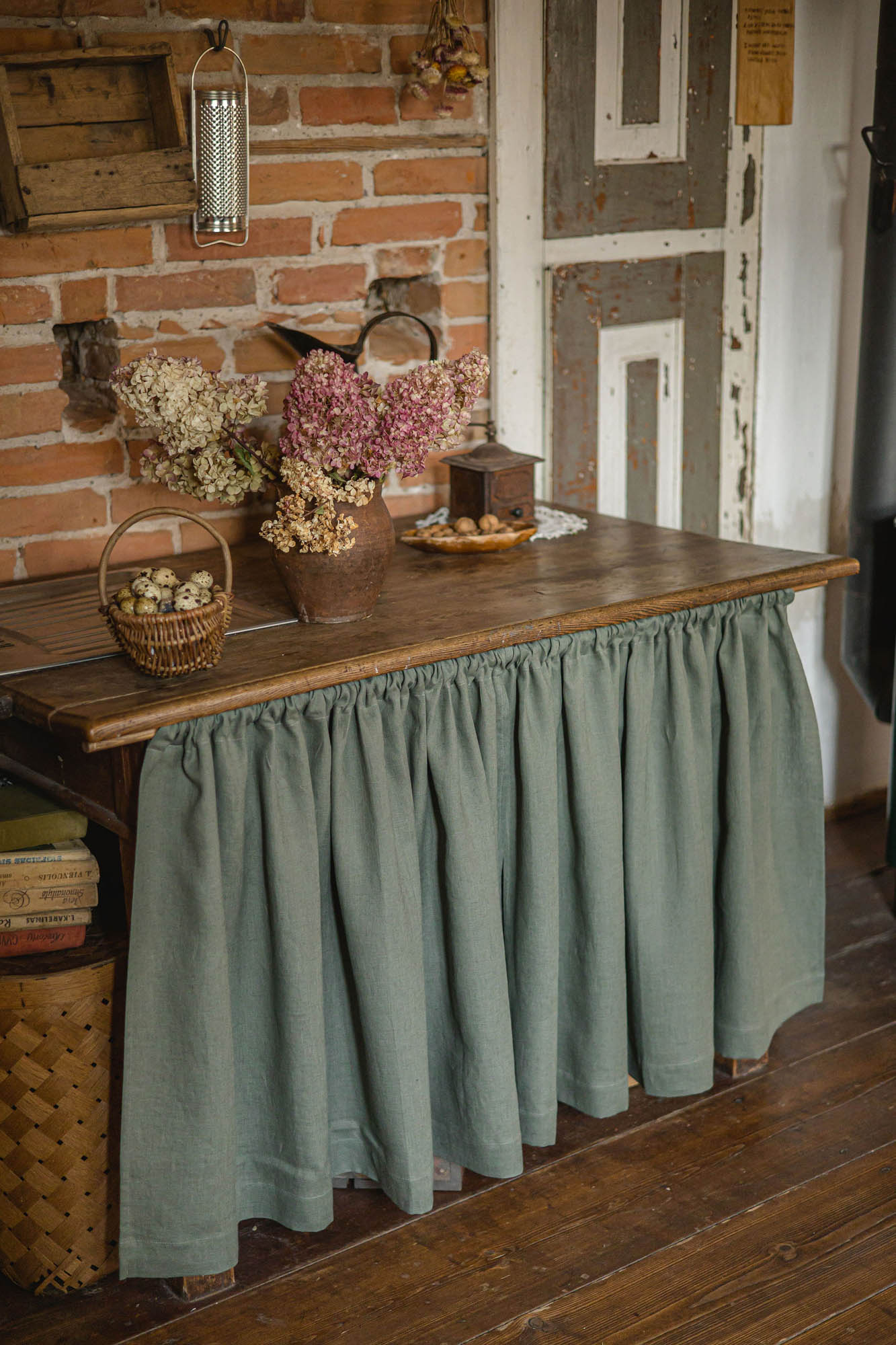 Gray green linen cabinet curtain