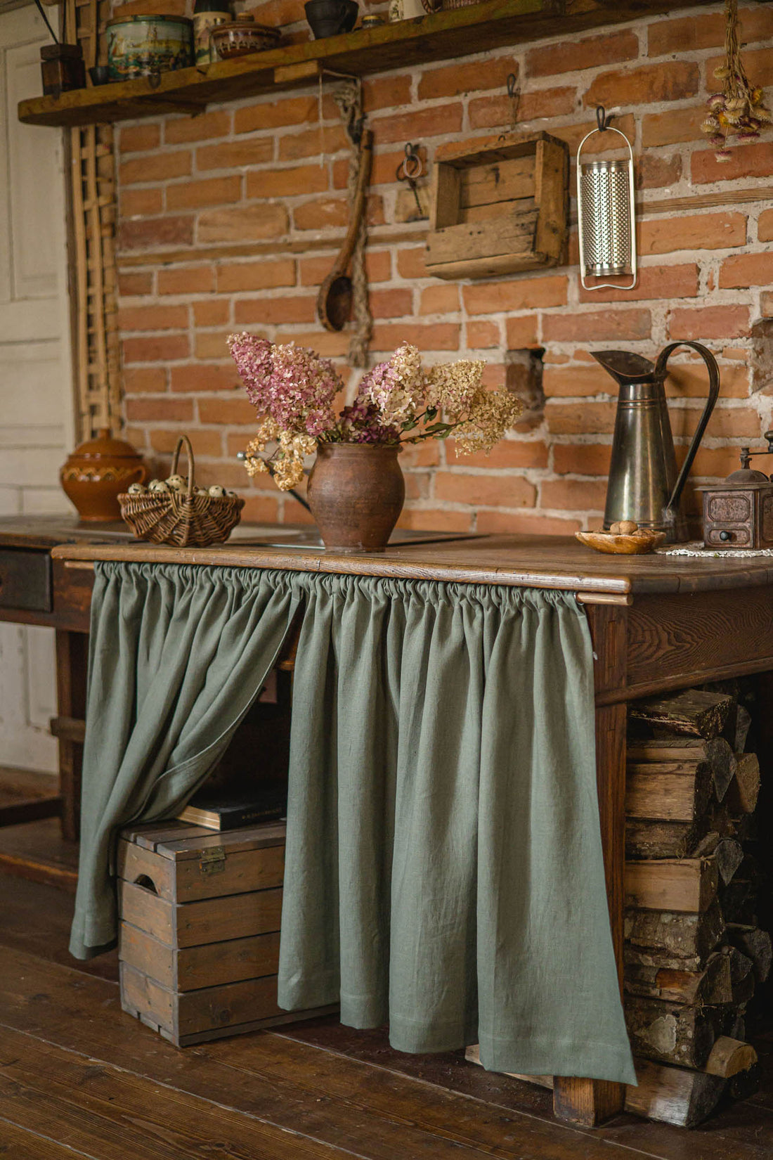 Gray green linen cabinet curtain