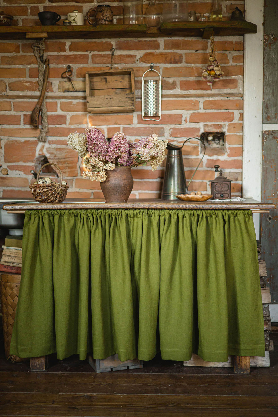 Moss green linen cabinet curtain