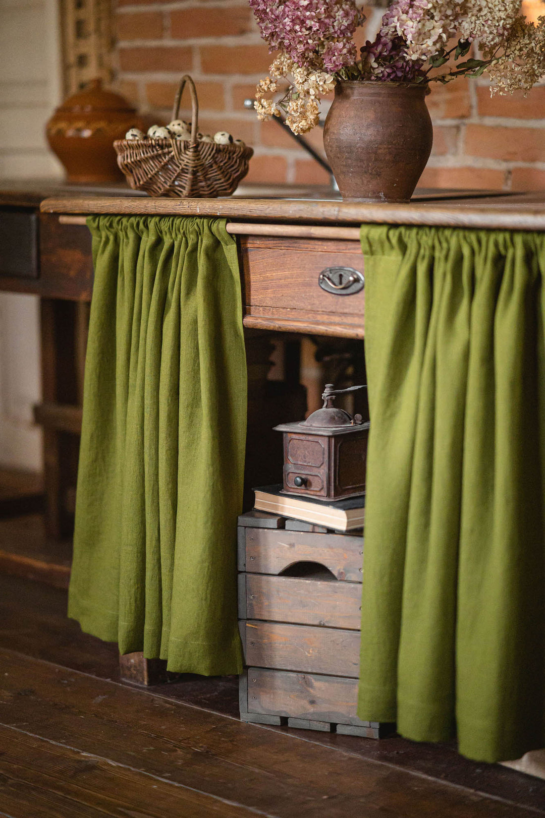 Moss green linen cabinet curtain