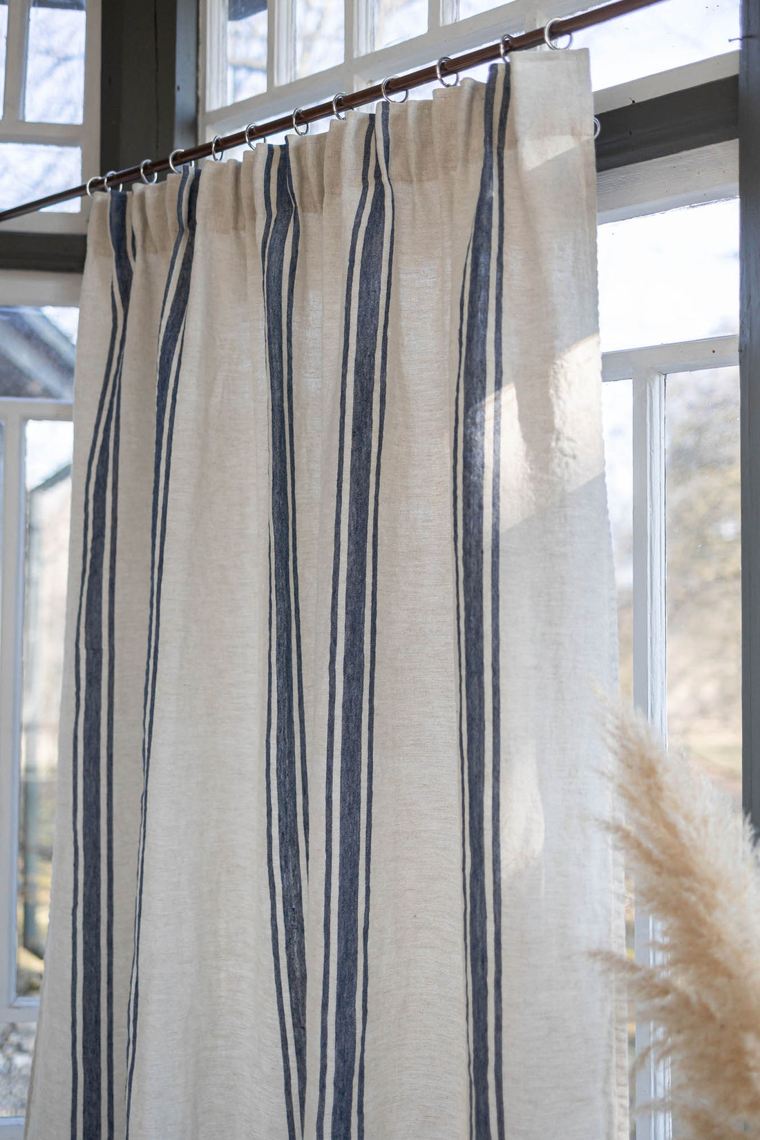 Pencil pleat linen curtain with blue stripes