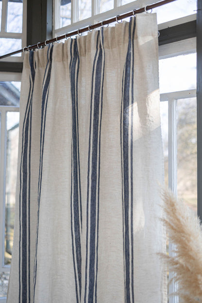 Pencil pleat linen curtain with blue stripes