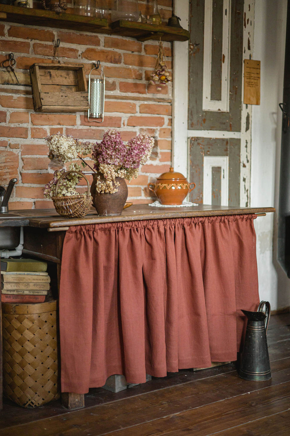 Burnt orange linen cabinet curtain