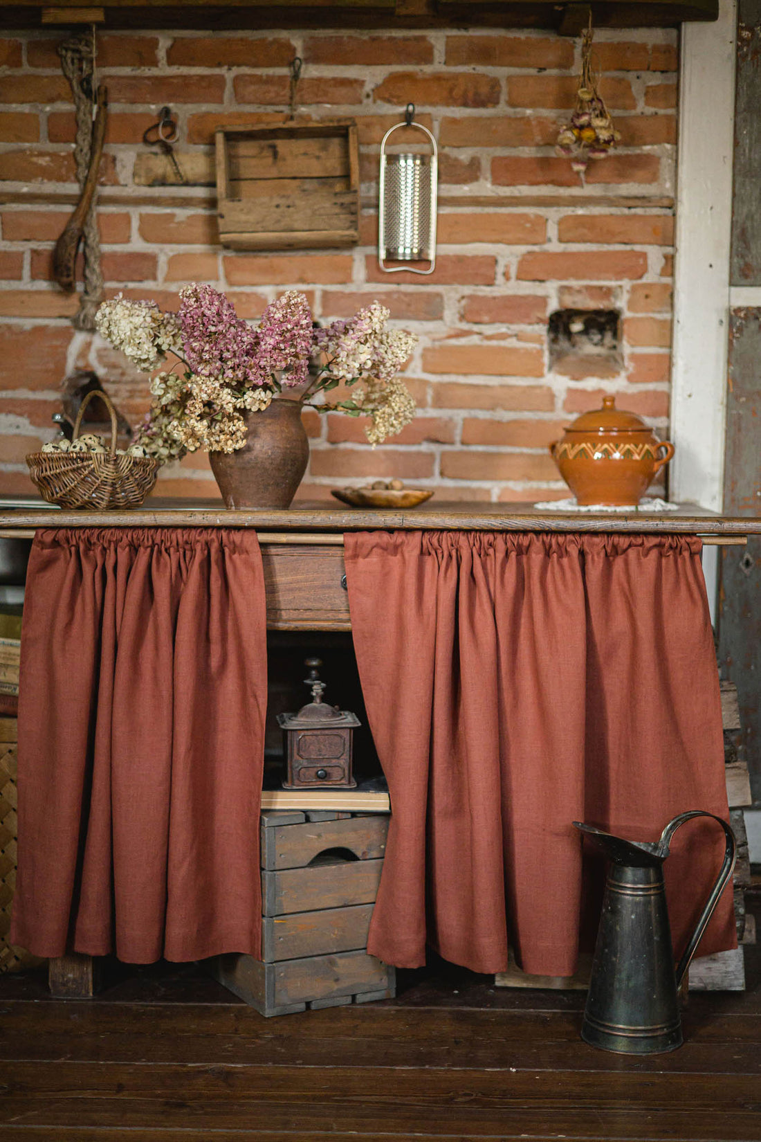 Burnt orange linen cabinet curtain