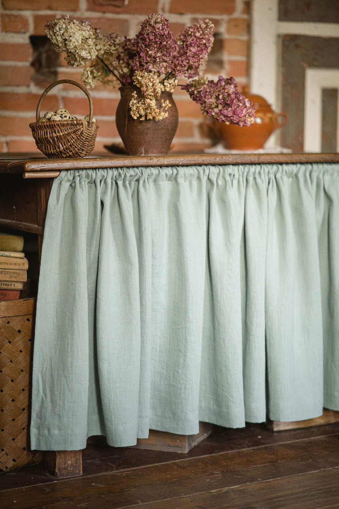 Frosty green linen cabinet curtain