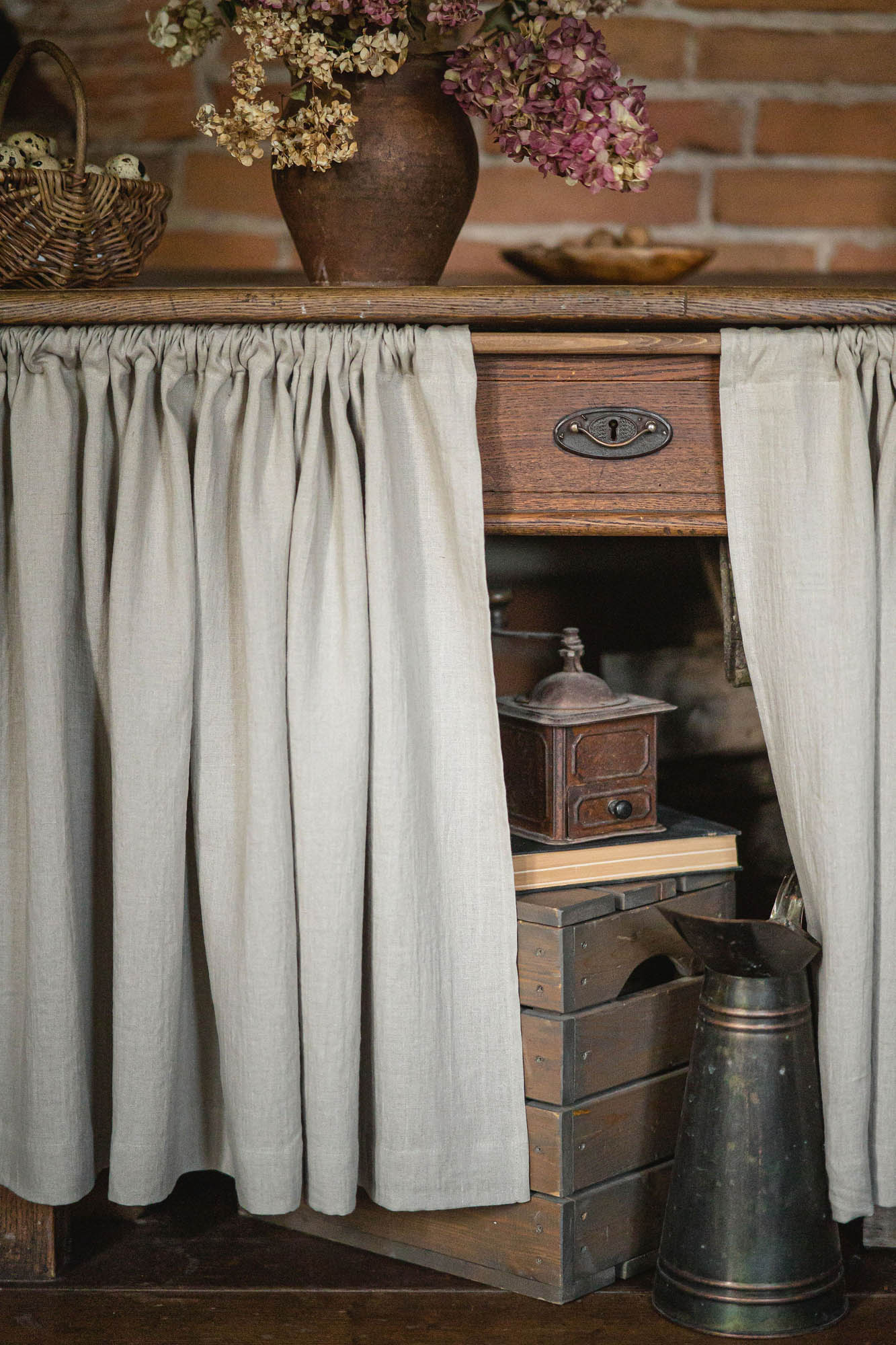 Natural linen cabinet curtain