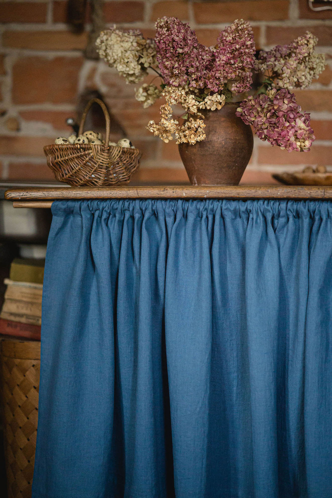 Cornflower blue linen cabinet curtain